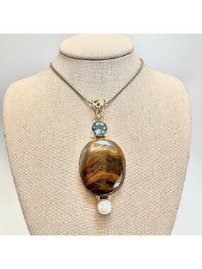 Tiger's Eye Blue Topaz Pendant Necklace Sterling Silver 925 Size 20" Length
